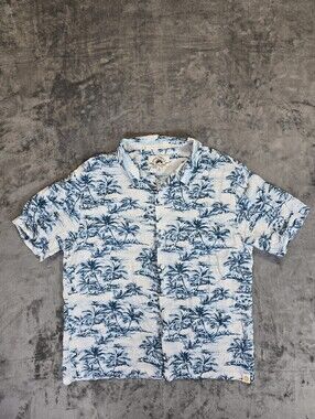 Good Times & Sunny Days Hawaiian Button Up Shirt Size Large Palm Trees Rayon